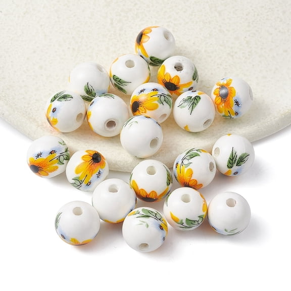 Handmade Porcelain Beads Round with Sunflower Pattern Yellow 12mm Hole: 2mm