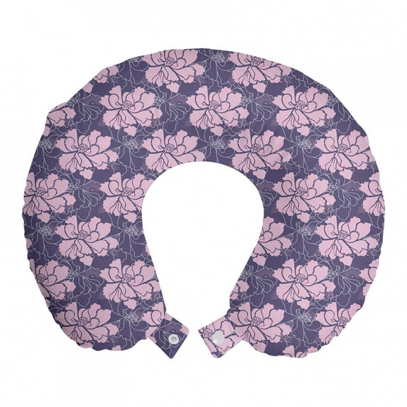 Floral Travel Pillow Neck Rest, Spring Print of Aster Flowers and Silhouettes in Repetitive Pattern, Memory Foam Traveling Accessory Airplane and Car, 12", Dark Indigo and Baby Pink, by Ambesonne