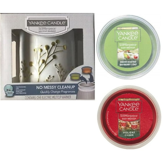 Yankee Candle Greenery Scenterpiece Warmer and a Holiday Cheer and a Snow Dusted Bayberry Leaf Meltcups