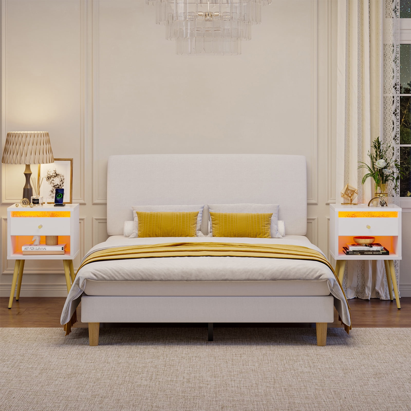 Pinmoco LED Nightstand with Charging Station, Modern End Side Table with Drawer and Open Storage for Bedroom, White