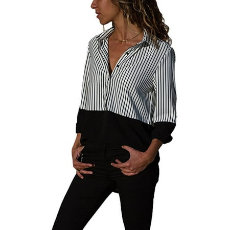 Blouses for Women V Neck Casual Long Sleeve Button Down Collared T Shirt Color Block Strips Button Up Shirts Tops