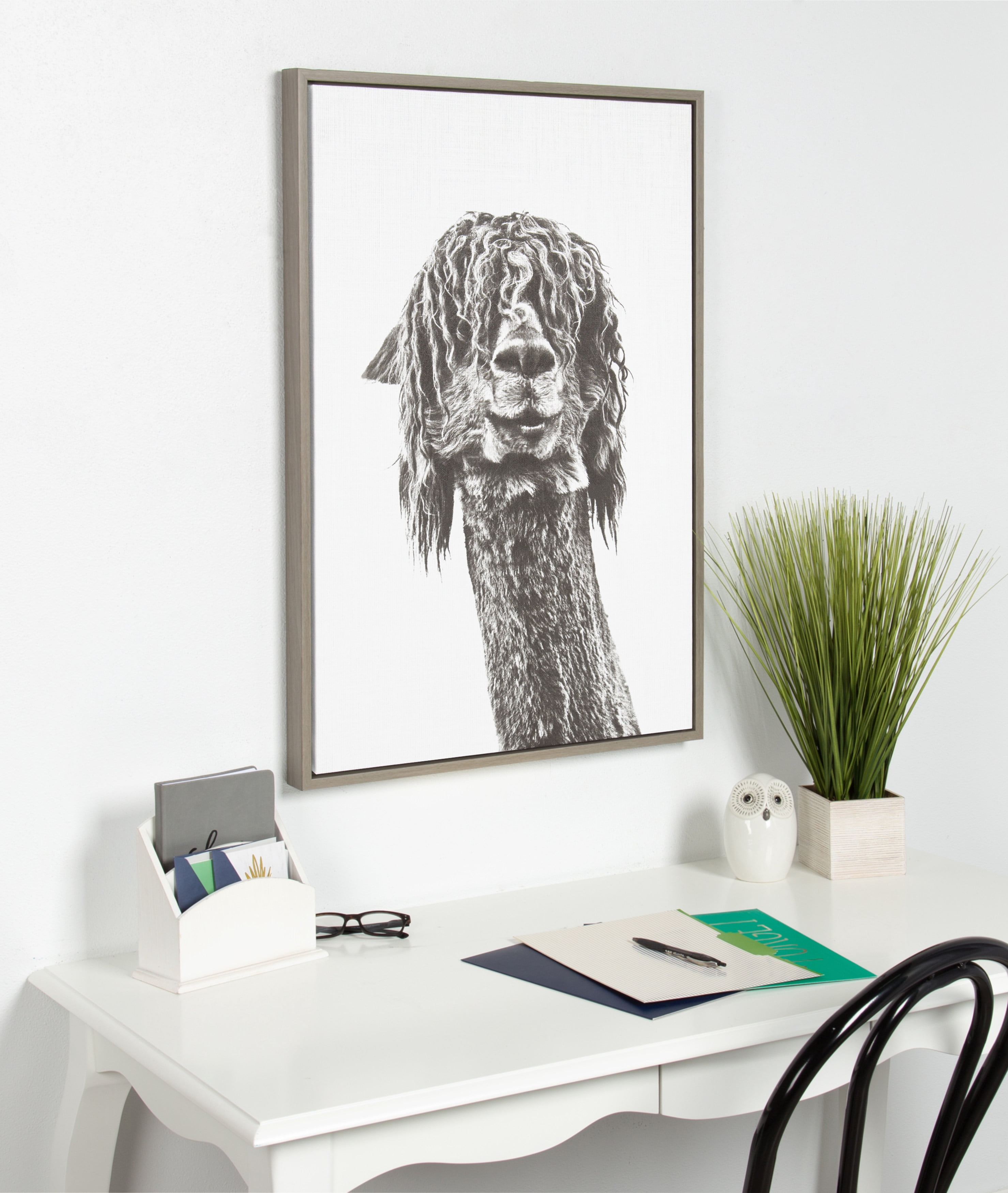 Kate and Laurel Sylvie Curly Hair Alpaca Black and White Animal Portrait Framed Canvas Wall Art, 23x33 Gray