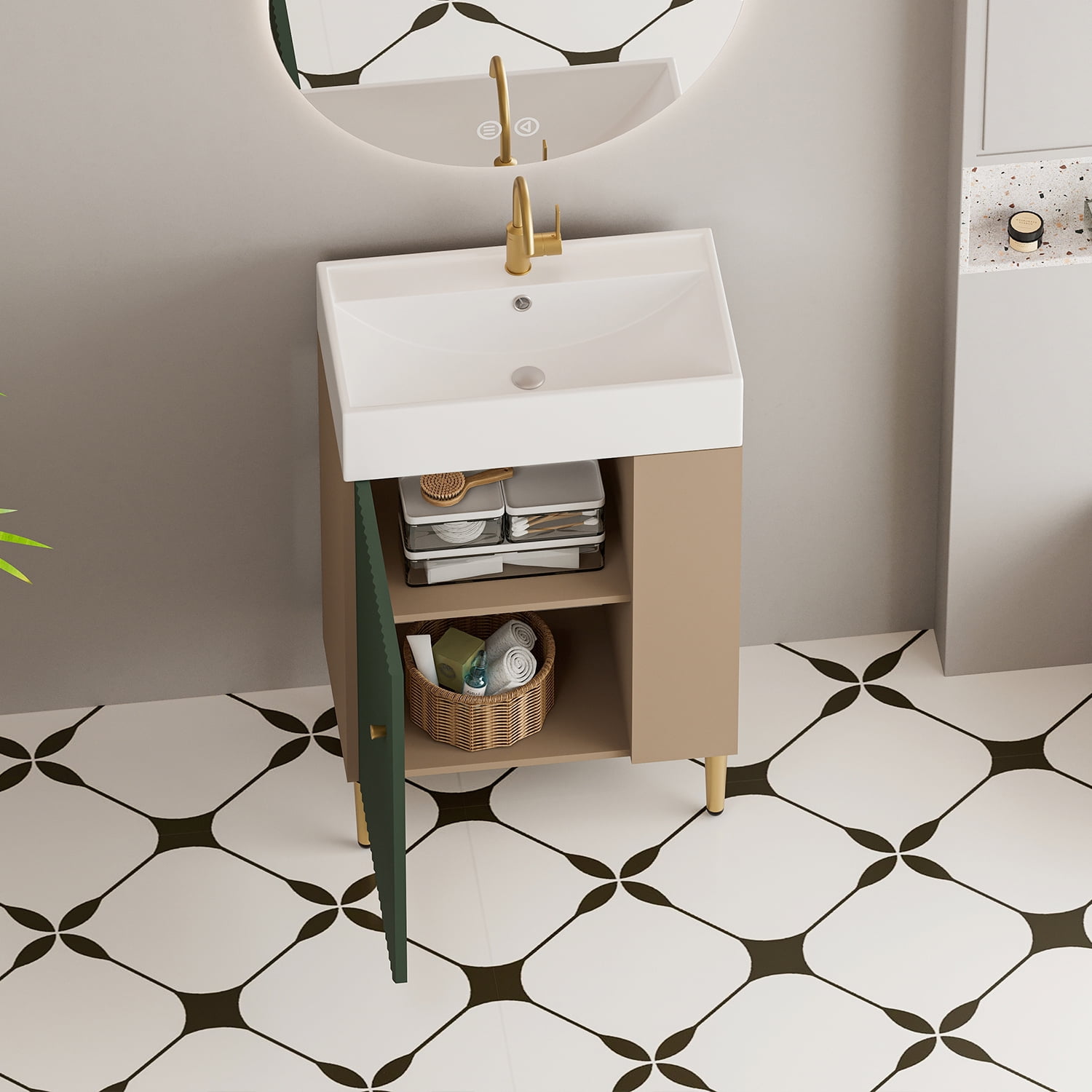 Demi Bonn 21" Bathroom Vanity with Ceramic Sink and Soft-Closing Door, Cloakroom Open Shelf Storage Cabinet on the Right Side, Faucets and Drains Not Included, Green