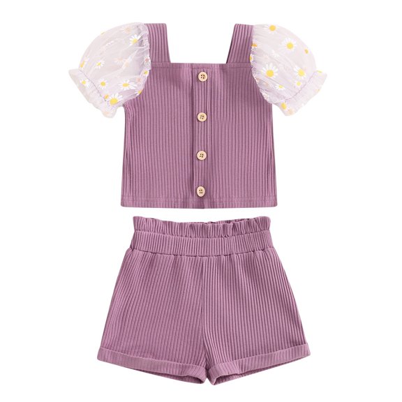 Aojekbee Kids Girls Summer Ribbed Outfit Daisy Print Mesh Short Sleeve T-Shirt and Elastic Shorts Set Cute Summer 2 Piece Clothes