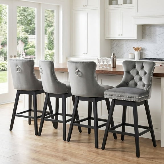 TEWLOSS 30" Swivel Bar Stools Set of 4, Gray Velvet Bar Height Chairs with Back for Home Pub