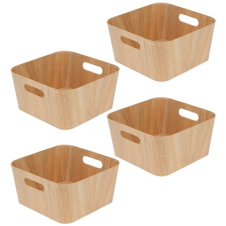 mDesign Food Storage Container Bin with Handles - for Kitchen  Pantry  Cabinet  Fridge/Freezer - Narrow for Snacks  Produce  Vegetables  Pasta - Food Safe - 4 Pack - 12  Long - Natural Wood Print