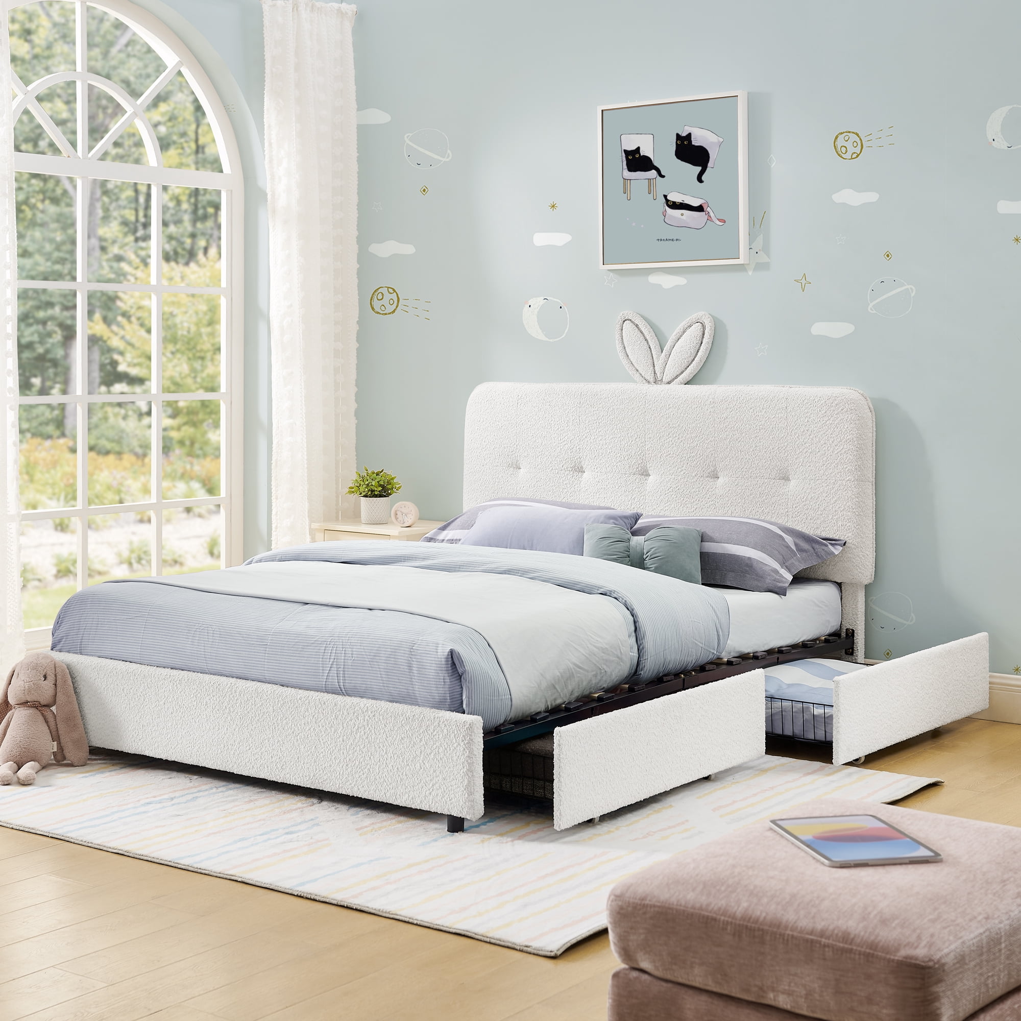 Mintazer Full Upholstered Kids Bed with Oversized Rabbit Ear Headboard, Boucle Fabric Platform Bed with LED Headboard & 4 Storage Drawers, Beige
