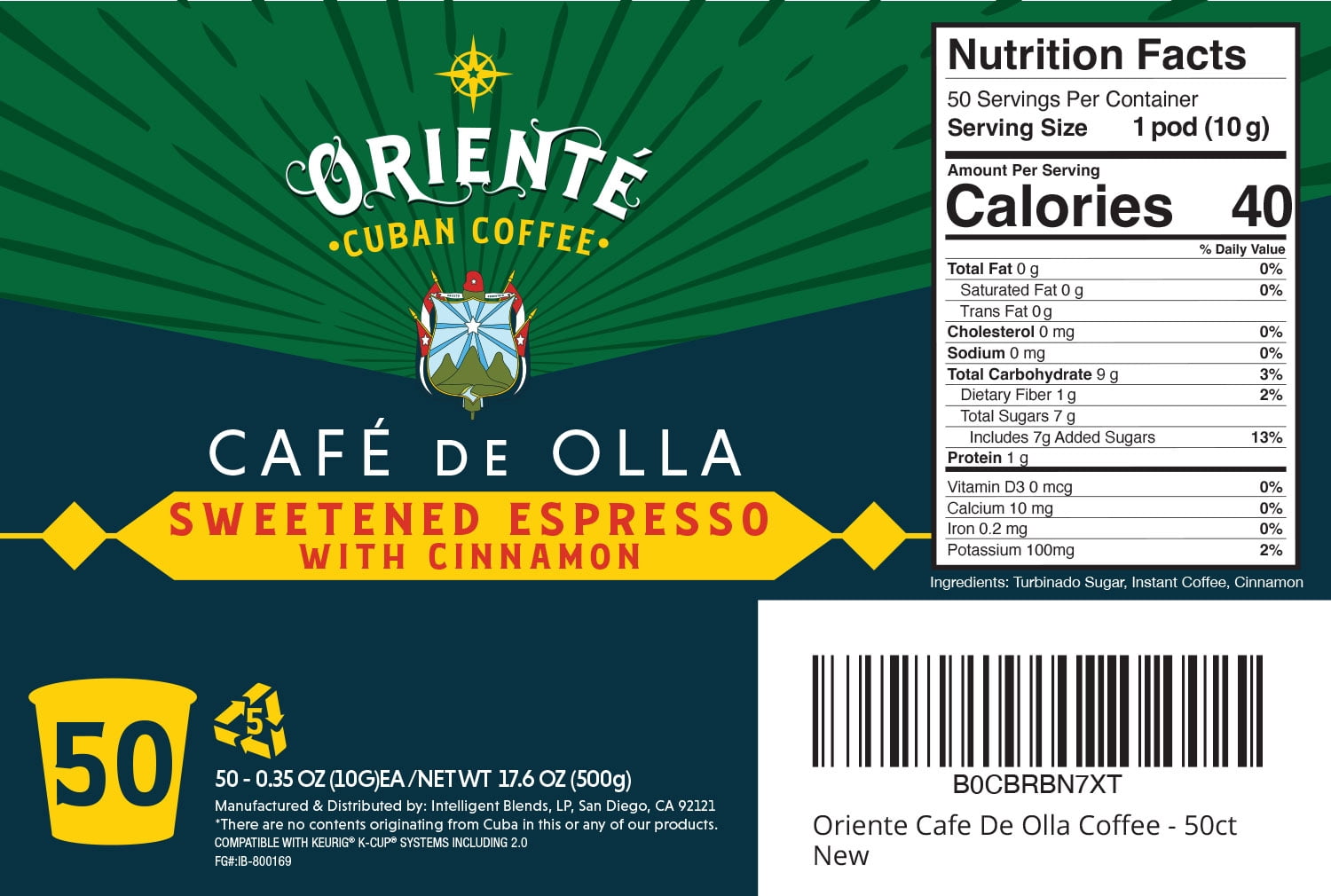 Oriente Cuban Coffee Roasters, Dark Roast Cafe De Olla Cuban Coffee Pods, Compatible w/ K-Cup Brewers, 50ct