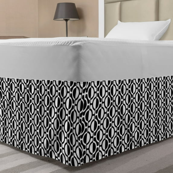 Black and White Bed Skirt, Lattice Pattern with Geometric Circles and Lines Abstract Monochrome Grid, Elastic Bedskirt Dust Ruffle Wrap Around for Bedding Decor, 4 Sizes, Black White, by Ambesonne