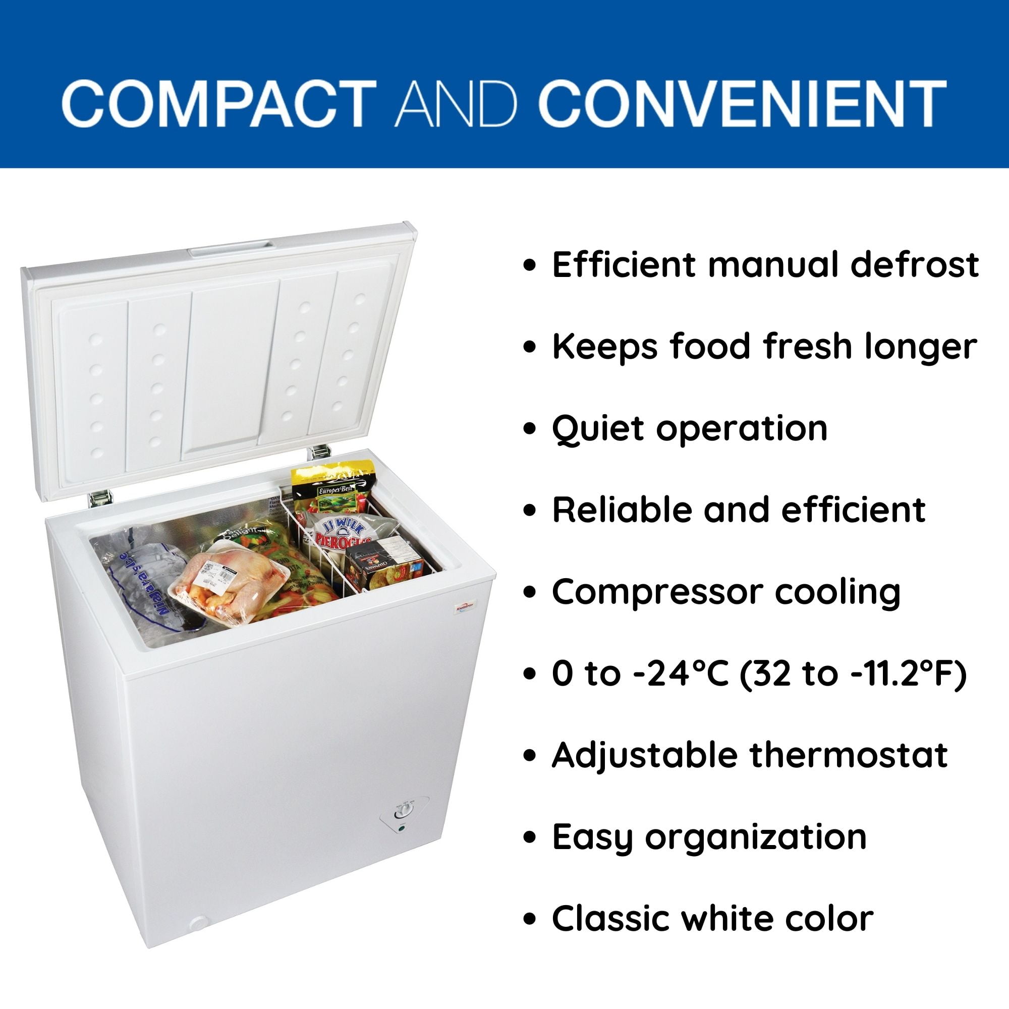Koolatron Compact Chest Freezer 5.0 cu. ft. (142L), White, Manual Defrost,  Flat Back, Hanging Storage Basket - Yahoo Shopping
