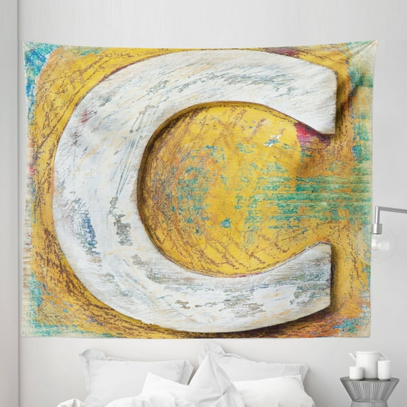 Letter C Tapestry, Alphabet Grunge Look Vintage Timber Old Letterpress Style Vintage Print, Fabric Wall Hanging Decor for Bedroom Living Room Dorm, 5 Sizes, Marigold White Green, by Ambesonne