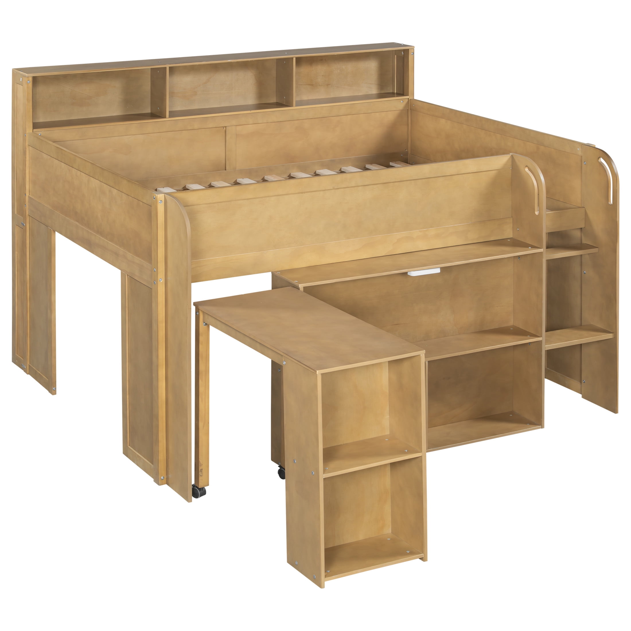 Noble House Nerwin Full Size Solid Wood Loft Bed with Built-in Desk, Storage Shelves and LED Lighting, Walnut