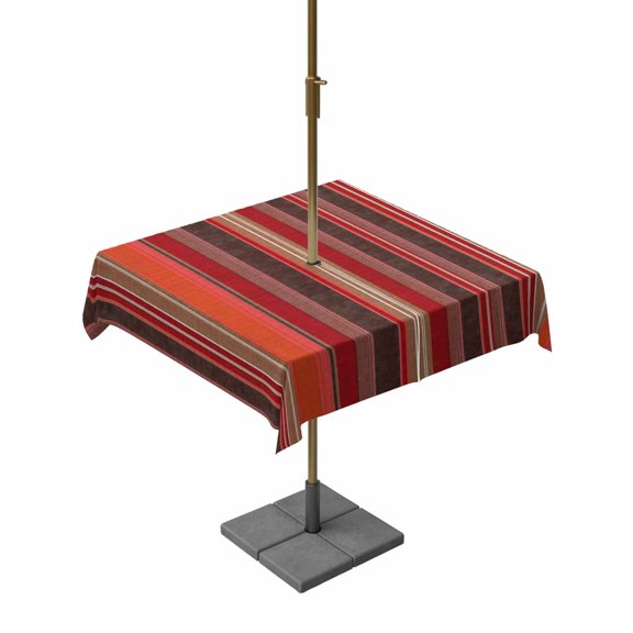 Outdoor Tablecloth with Umbrella Hole, Farmhouse Vintage Striped Zippered Table Cloth for Rectangle Tables, Abstract Red Brown Stripe Washable Waterproof Tablecloths for Picnic Patio Garden