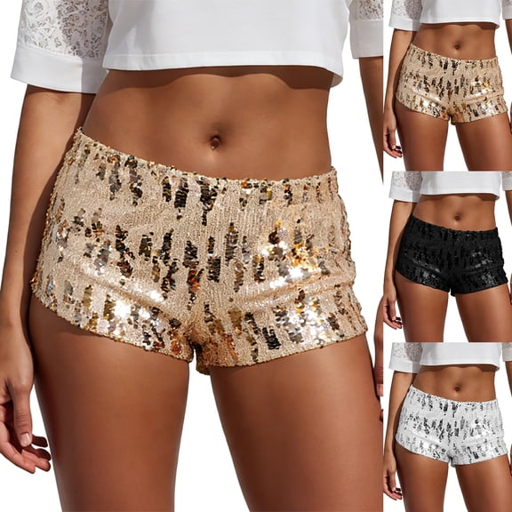 COMVALUE Women's Sequin Mini Shorts Glitter Low Rise Skinny Sparkly Rave Party Shorts (Black, M)