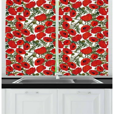 Ambesonne Poppy Flower Kitchen Curtains, Garden Foliage Botany, 55"x39", Green Red White