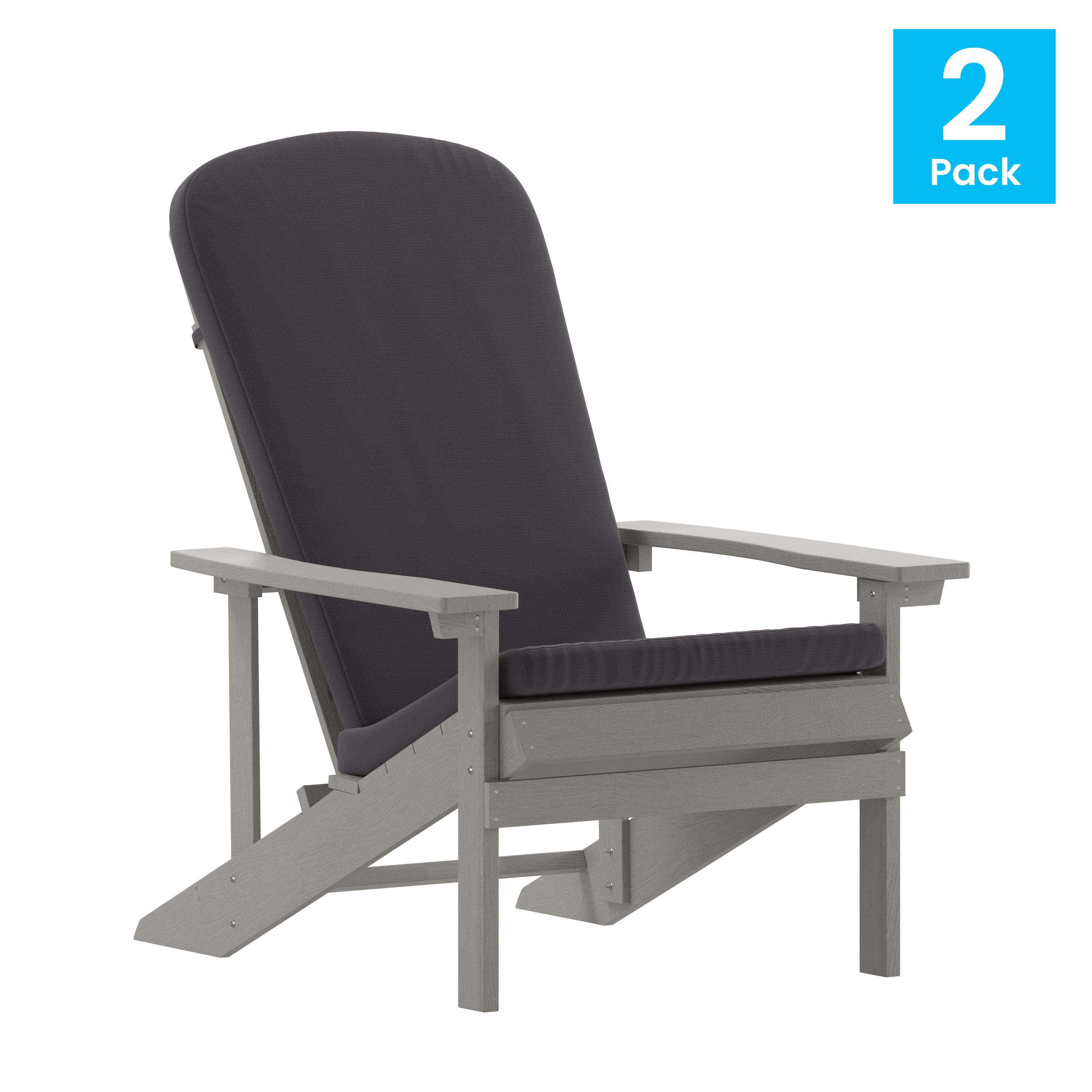 Emma + Oliver Set of Two Gray All-Weather Polyresin Adirondack Chairs with Gray Cushions