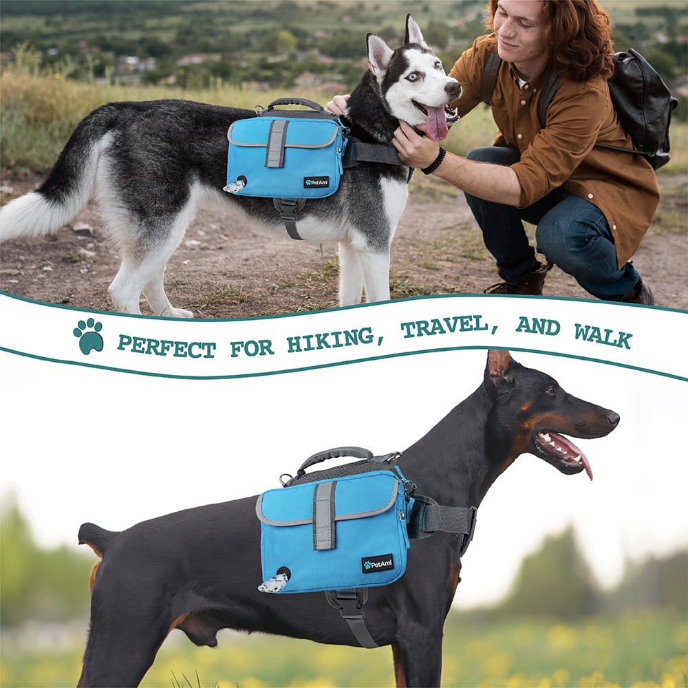 PetAmi Dog Backpack for Medium Large Dogs, Dog Saddle Bag For Dogs to Wear, Harness Saddlebag with Reflective Safety Side Pockets for Hiking, Camping, Vest Dog Pack for Travel (Blue, Large)