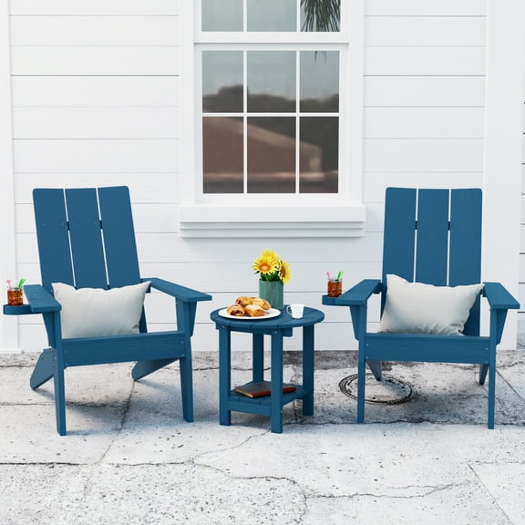 WINSOON Cup-Holder Adirondack Chair and Table Set 3 PCS Outdoor Patio Chairs, Navy Blue