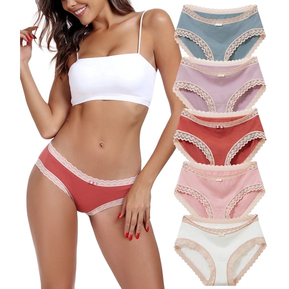 CF Womens Underwear Lace Trim Hipster Panties Pack Bamboo Rayon Cotton Bikini Briefs Ultra Soft Comfy Ladies Undies with Bow(5C,M)