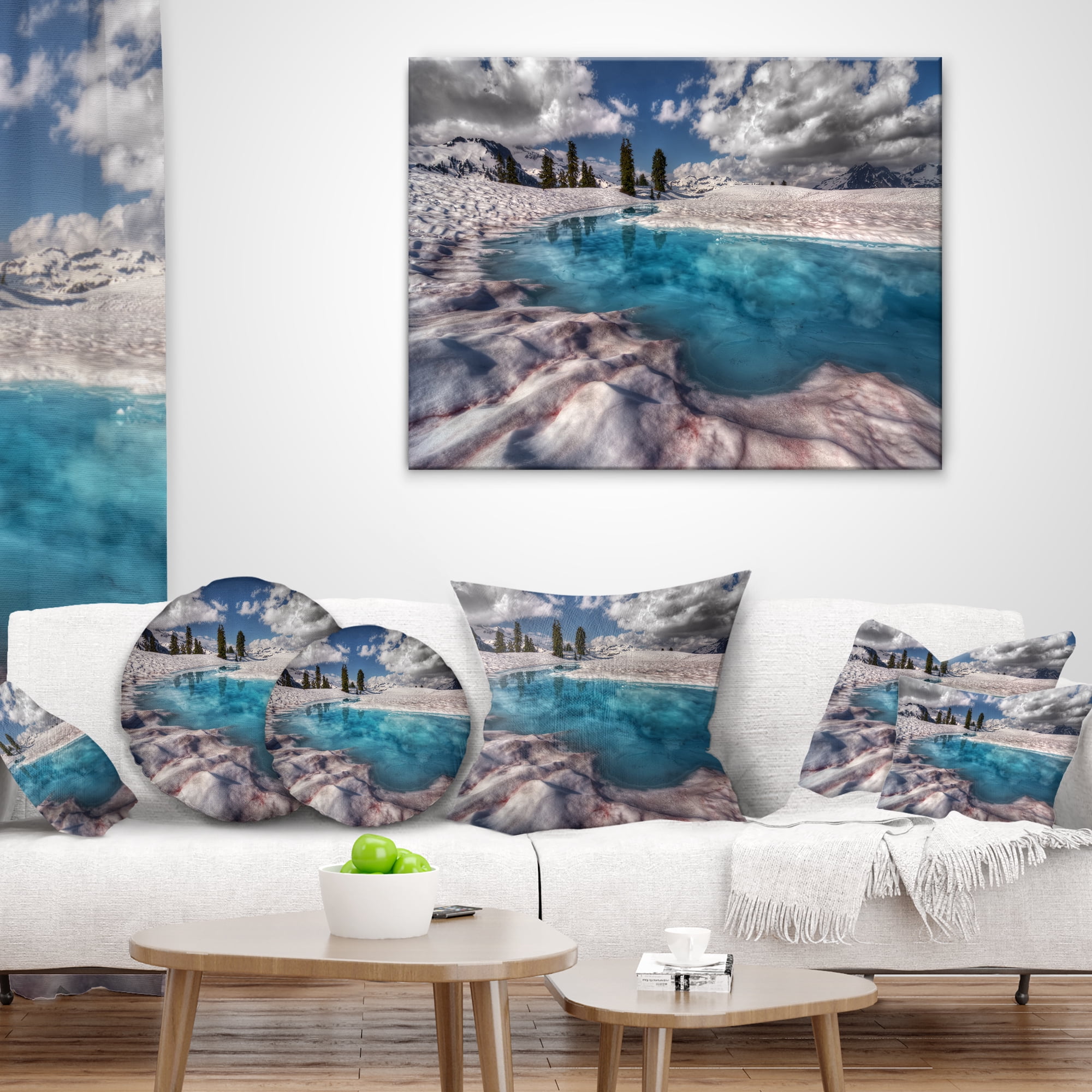Designart Amazing Blue Melt Lake in Fog - Landscape Printed Throw Pillow - 12x20