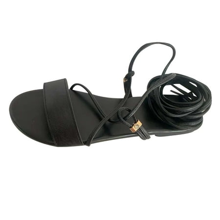 

Dpityserensio Women s Summer Sandals Sandals Lace-Up Solid Color Flat Casual Sandals Black 6(37)