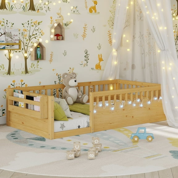 Montessori Floor Bed with High Rails, LED Lights & Storage Shelf, Safe & Wider Opening Gate Design, Twin Size Floor Bed for Boys & Girls, White