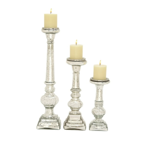 DecMode 3 Candle Silver Glass Handmade Turned Style Pillar Candle Holder, Set of 3