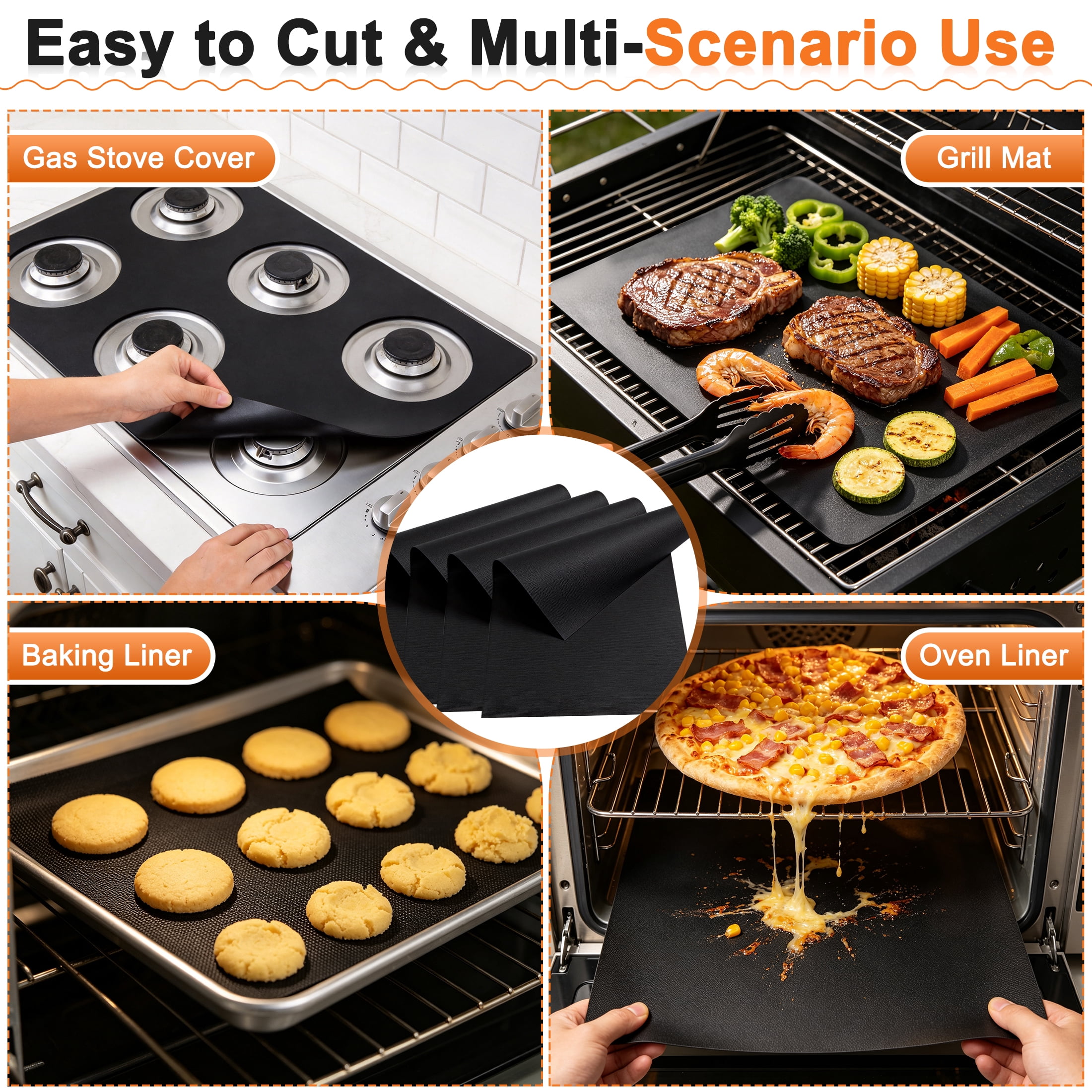 4 Pack Oven Liners for Bottom of Oven, Non Stick Heat Resistant Oven Mats, Reusable Grill Mat Stove Protector Liners, Cuttable Baking Mats for Gas Stove, BBQ, Microwave