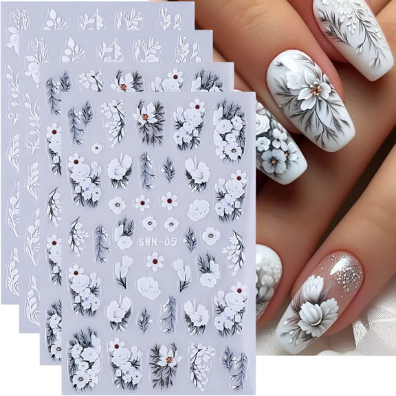 RAGUPEL Flower Nail Art Stickers 5D Embossed White Flowers Nail Decals 4Pcs Floral Leaf Nails Design Adhesive Flower Stickers for Nails Manicure Accessories for Women Summer Fall