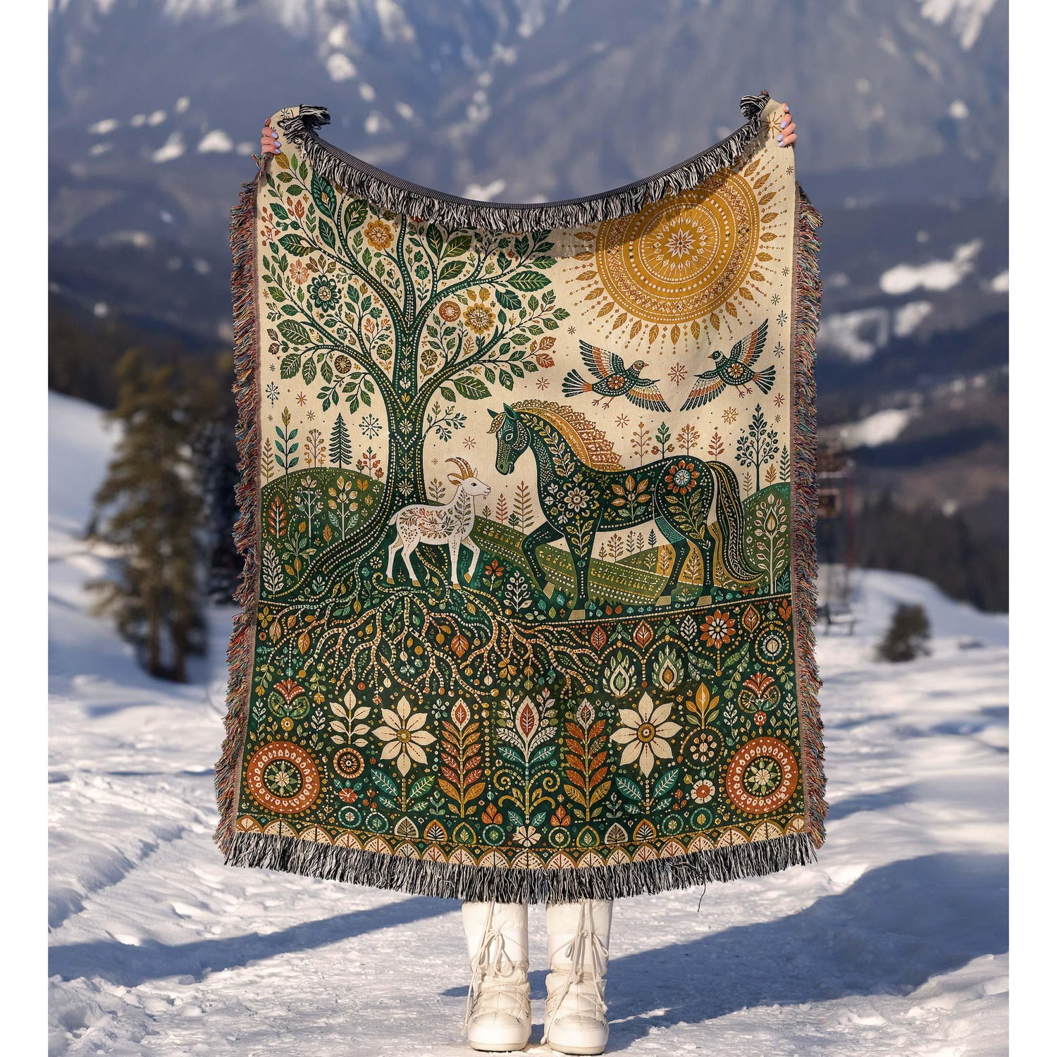 Folk Art Tree Life Woven Throw Blanket 100% Cotton with Fringed Edges 60 x 50 in Bedroom Decor