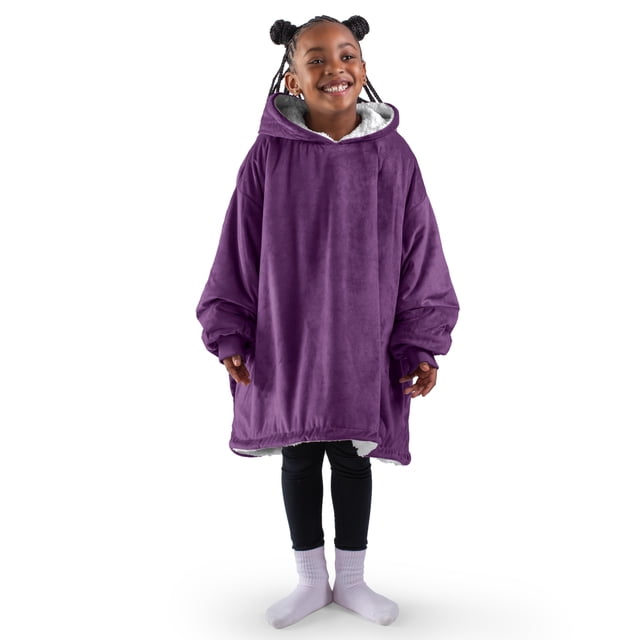 Bare Home Plush Sherpa Wearable Blanket - Fluffy & Soft - Lightweight - Youth, Plum