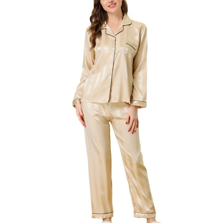 

Unique Bargains Womens Nightwear with Pants Lounge Satin Button Down Pajama Sleepwear Sets