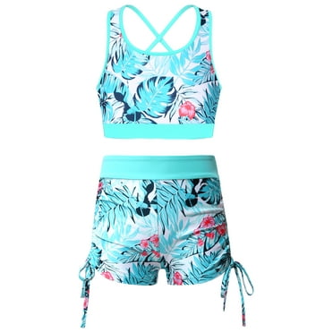 Zaldita Girls Floral Swimsuit U Neck Crop Tank Tops with Elastic Shorts for Beach Bathing Swimming Leaf 8