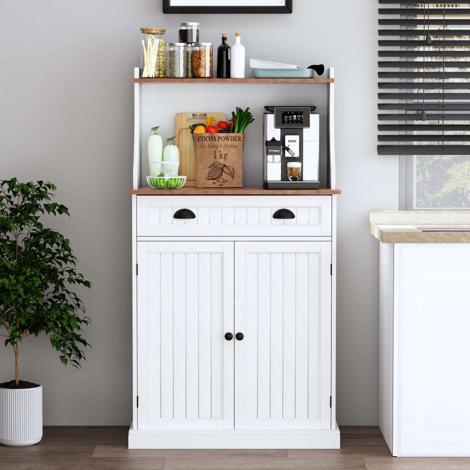 Kitchen Microwave Pantry Storage Cabinet with Drawers & Cabinets for Kitchen Organization, White