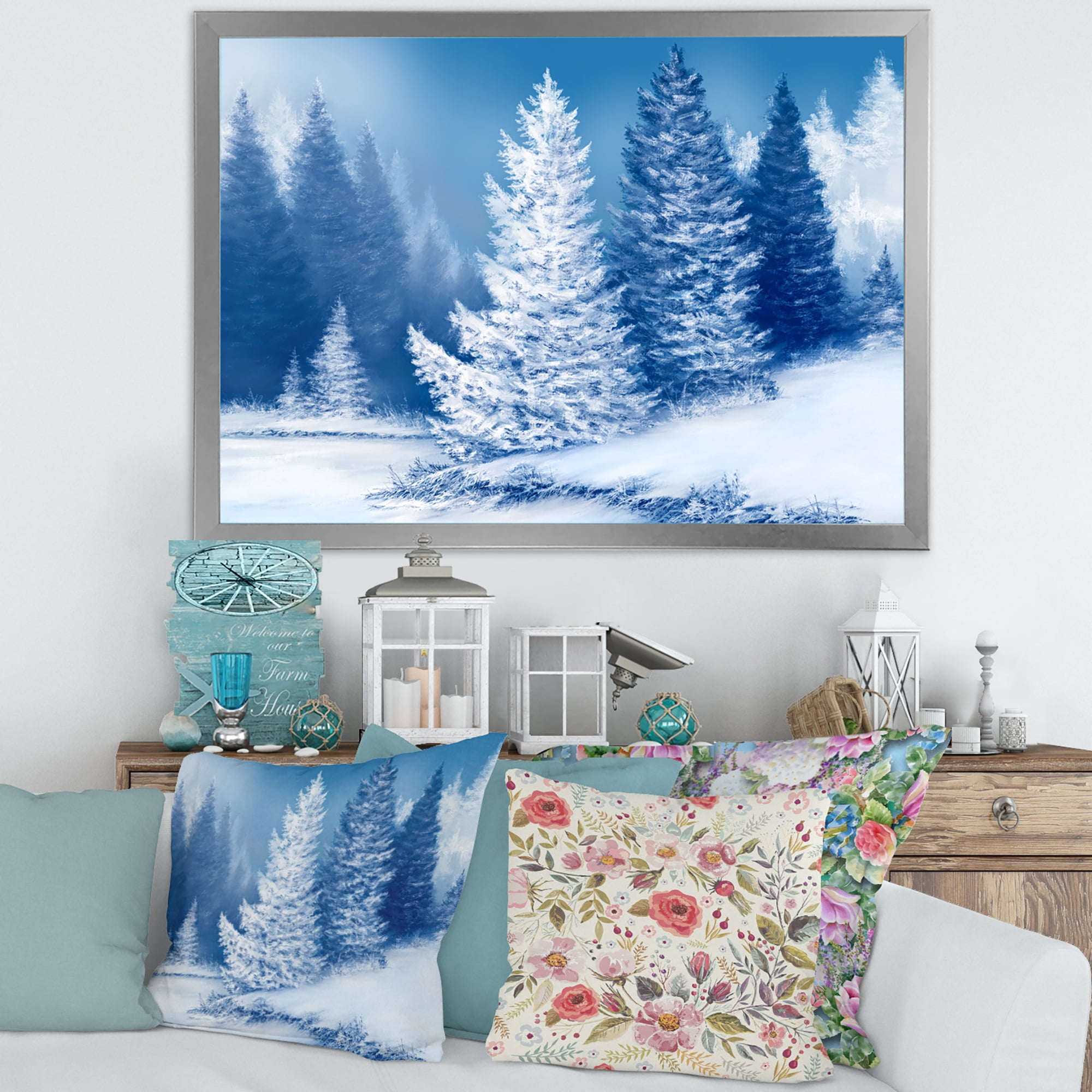 Designart 'Snow Covered Trees With Dreamlike Spruce Forest' Lake House Framed Art Print