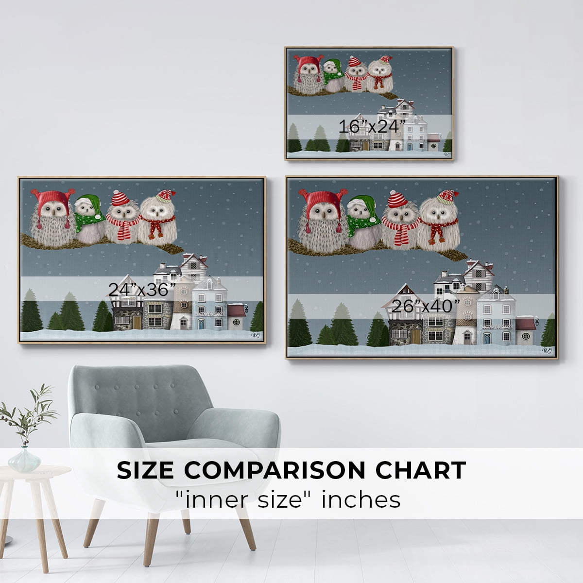 Christmas Christmas Owl Village - Framed Gallery Wrapped Holiday Canvas - 27 x 41 - Natural Wood Frame