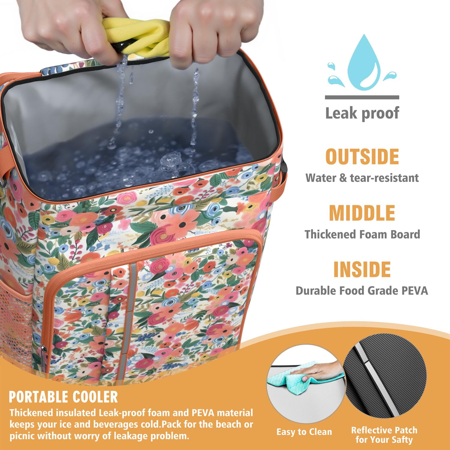 Travel Cooler Bag - Pioneer Flower Floral Print Pattern Camping Beer Cooler Backpack with Bottle Opener- Waterproof Insulated Picnic Backpacks - Cooler Bag for Beach