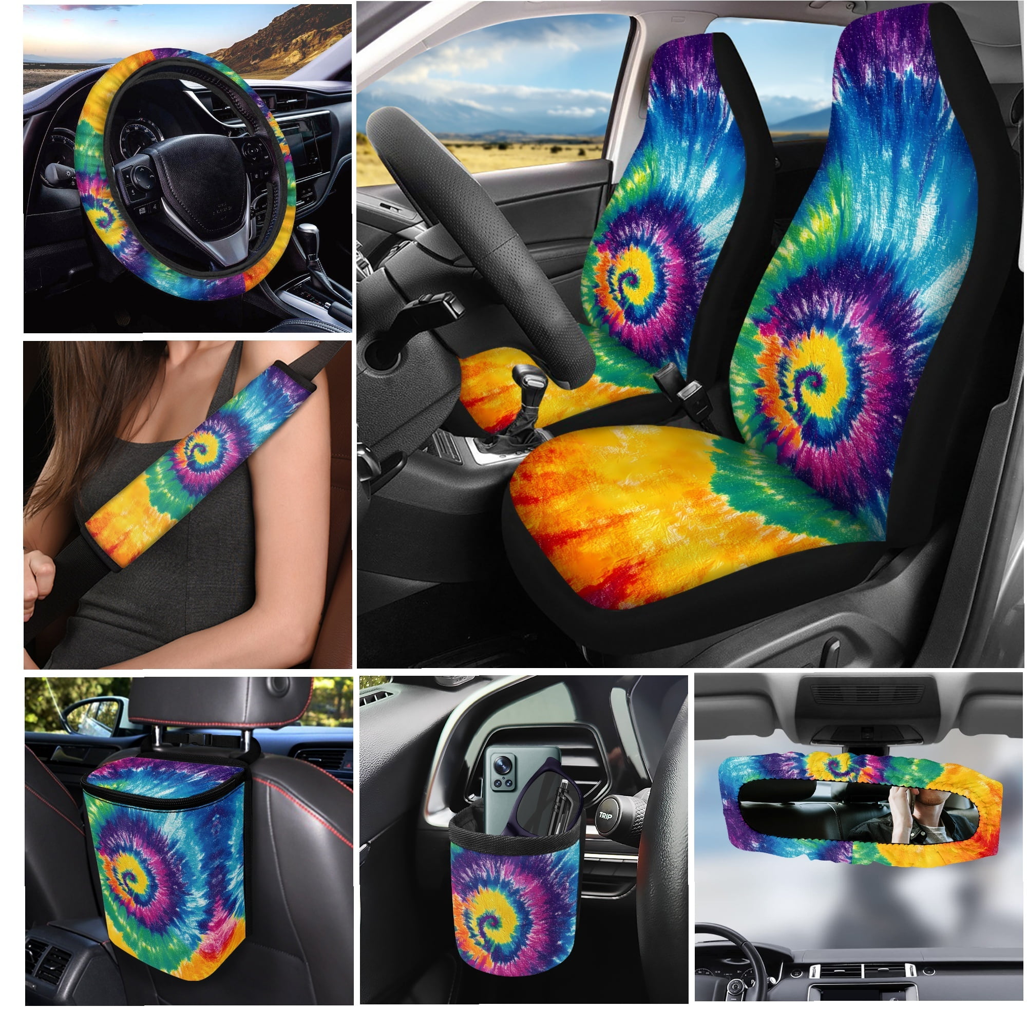Yuyamidu Rainbow Tie Dye Car Seat Cover 15 Pack Front Back Seat Cover with Universal Steering Wheel Cover Seatbelt Strap Pad Trash Can Car Vent Organizer Cup Holders Rearview Mirror Cover Keychain