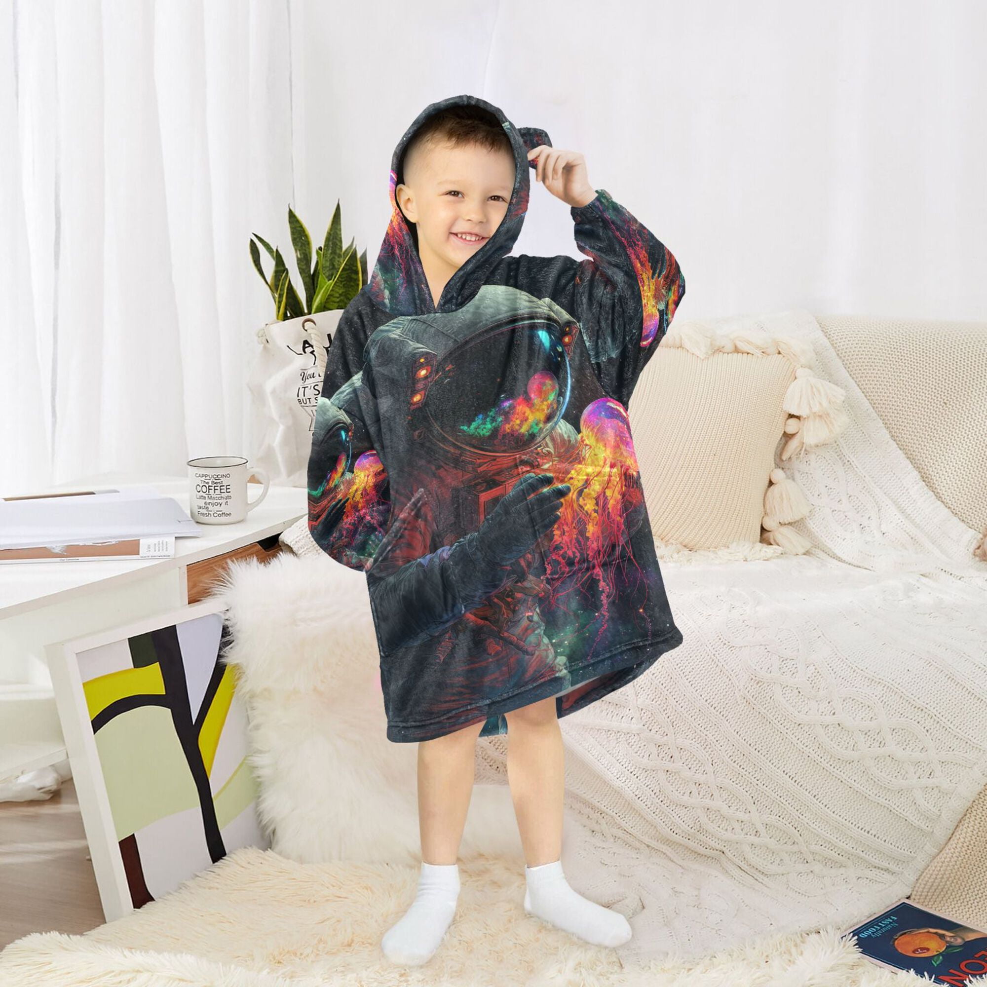 FORMRS Wearable Blanket Hoodie with Sleeves for Kids Cozy Flannel Sweatshirt, Black Astronaut