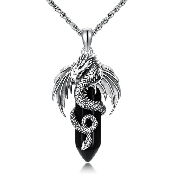 DVEATR Black Obsidian Dragon Necklace 925 Sterling Silver Dragon Pendant with Crystal Healing Stone Cool Retro Gemstone Pendant Jewelry, w/Stainless Steel Chain 22'' 2''
