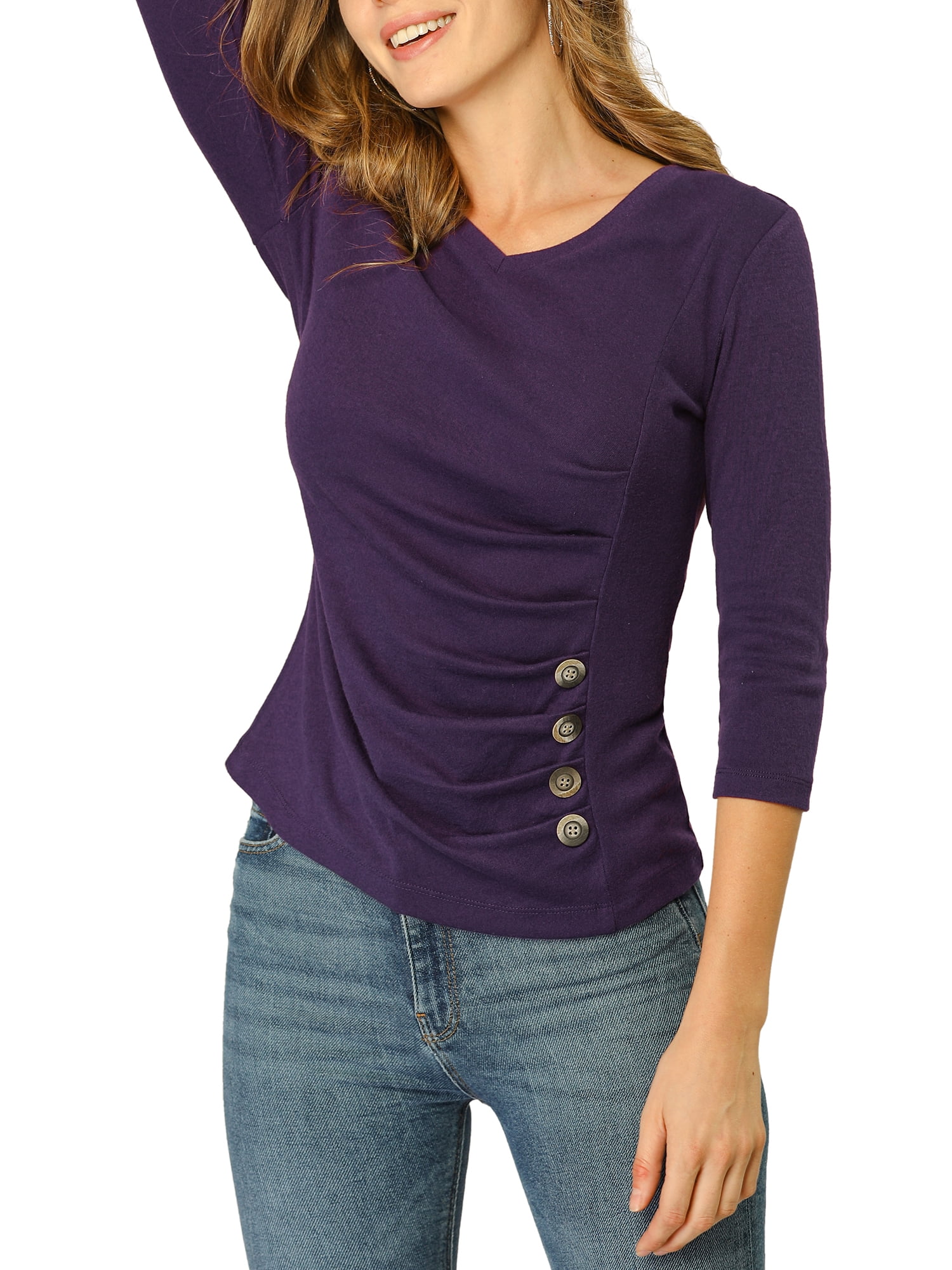 DARING DIVA V Neck Knitted Buttons Decor Ruched Blouse Top 2XL Purple