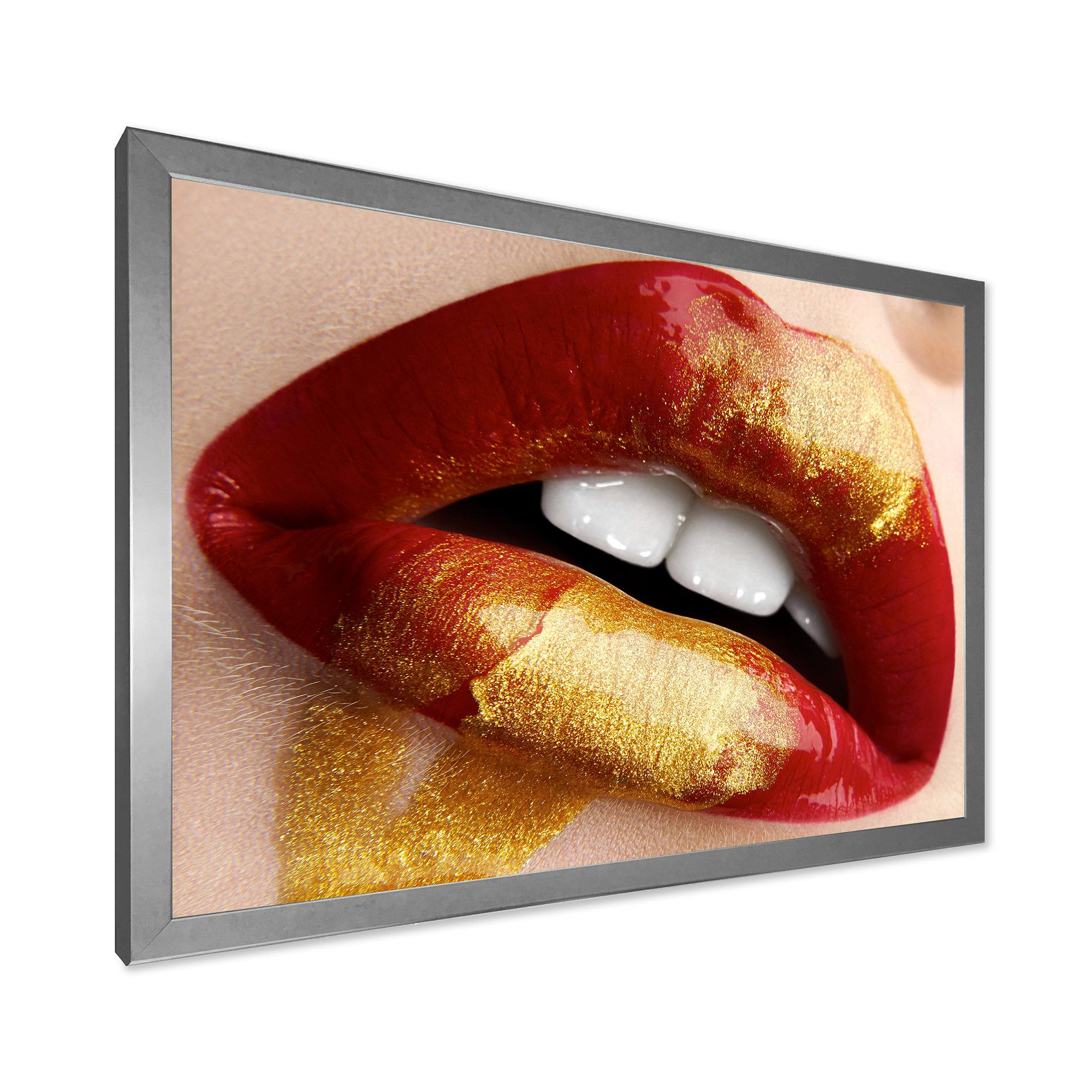Designart 'Plump Woman Lips With Gold and Red' Modern Framed Art Print