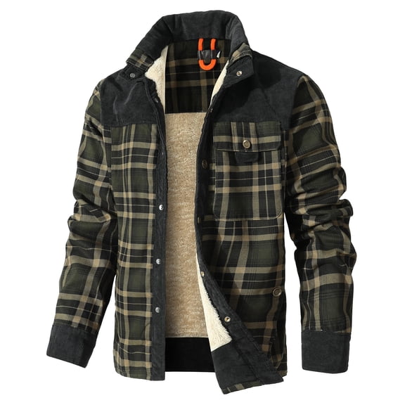 Fexilor Men's Corduroy Plaid Sherpa Lined Flannel Shirt Jacket Fleece Coat,Size S-3XL