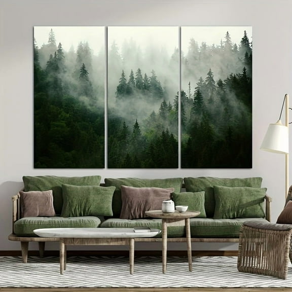 [Modern Canvas Painting] 3pcs Modern Green Foggy Forest Spruce Canvas Painting | Mountain Posters and Prints Nature Wall Art for Living Room Decoration Home Decor No Frame