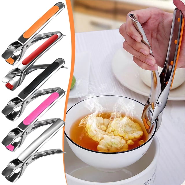 Elevador de cuencos y platos de acero inoxidable - Pinzas de cocina resistentes al calor para platos calientes, mango ergonómico, agarre antideslizante, clip multifuncional para queimaduras