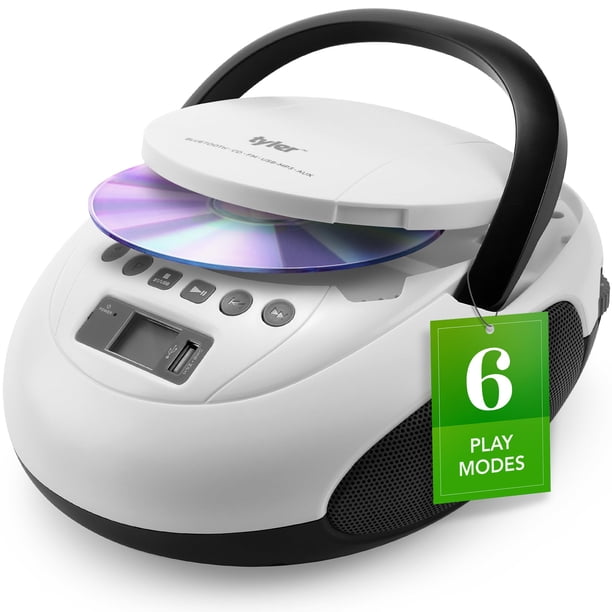 Tyler Reproductor de CD portátil Boombox con radio FM, Bluetooth y puerto USB | Sonido estéreo claro | Compatible con CD-R/RW y CD MP3 | Entrada auxiliar de 3,5 mm y conector para auriculares | TAU107