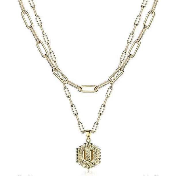 Dainty Layered Initial Necklaces for Women Trendy, 14K Real Gold Plated Paperclip Chain Necklace Cute Hexagon Letter Pendant Initial Choker Necklace G