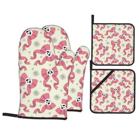 

Oven Mitts and Pot Holders Sets 4 pcs - Bow With Sugar Skull Heat Resistant Silicone Oven Gloves with Non-Slip Silicone Surface and hot pads for kitchen Baking Cooking BBQ
