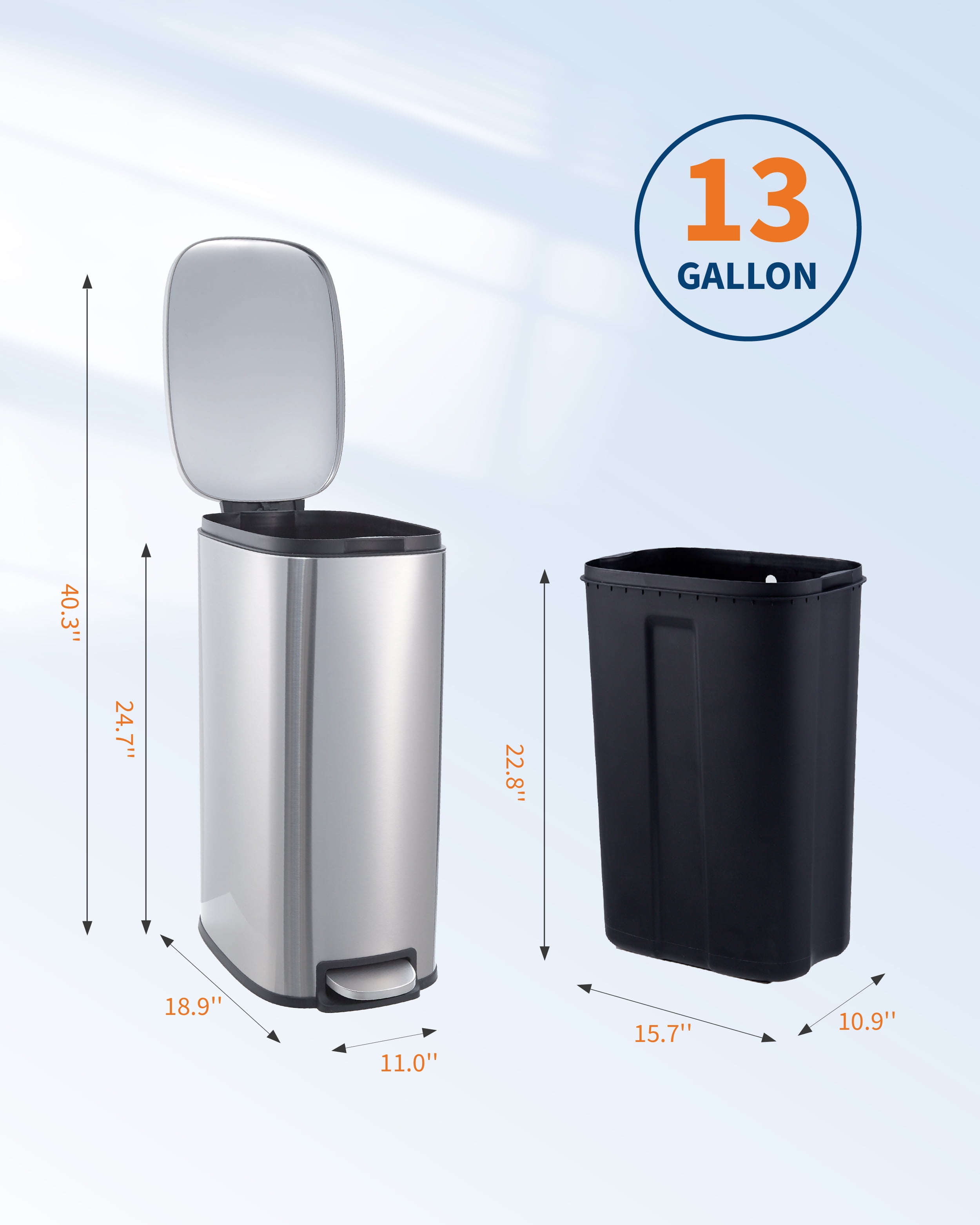 13 Gallon Kitchen Trash Can with Pedal, Slim Stainless Steel Soft Close Lid Bin, Removable Inner Bucket, Space Saving Recycling for Home, Office, Bathroom, Grey EliteEdge
