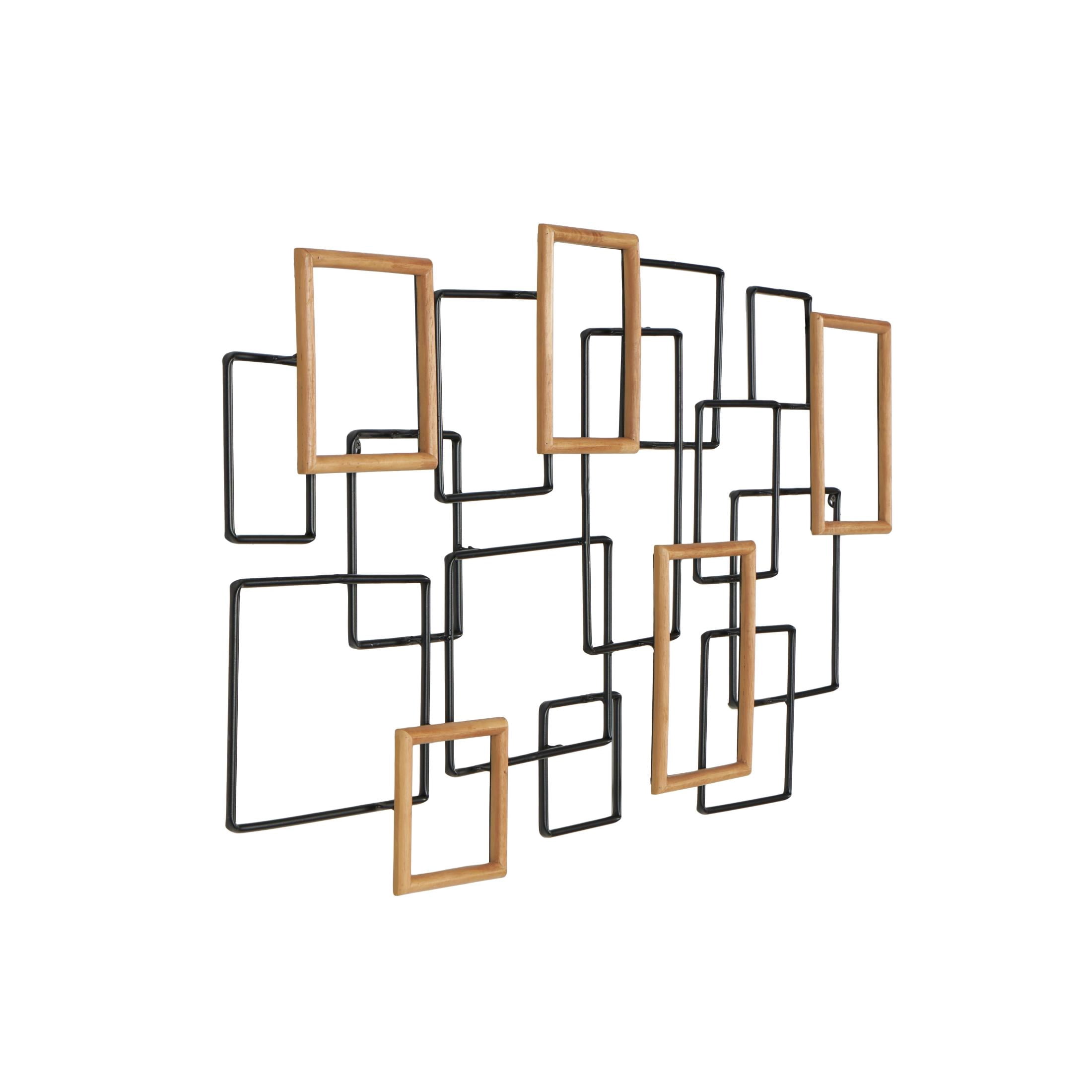 DecMode Black Metal Overlapping Wire Square Geometric Wall Decor with Gold Accents